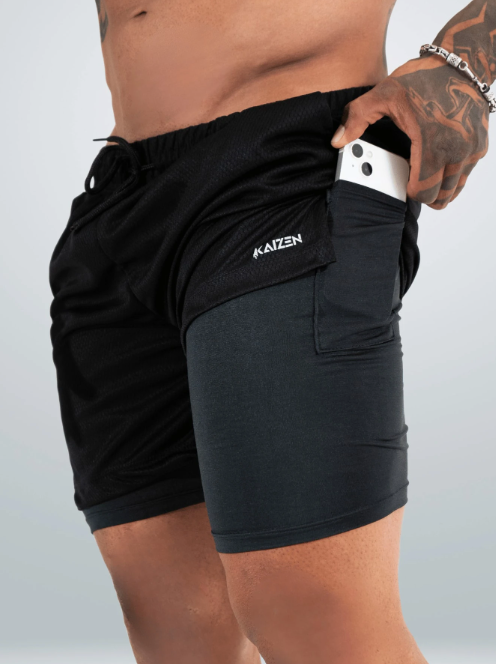 Shorts de Compressão 2 em 1 Dry Fit Masculino com bolso para celular porta toalha e Cordão de Ajuste Azul