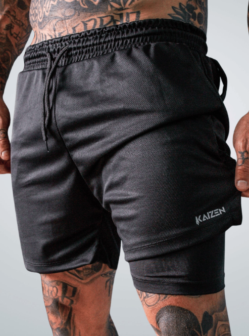 Shorts de Compressão 2 em 1 Dry Fit Masculino com bolso para celular porta toalha e Cordão de Ajuste Azul