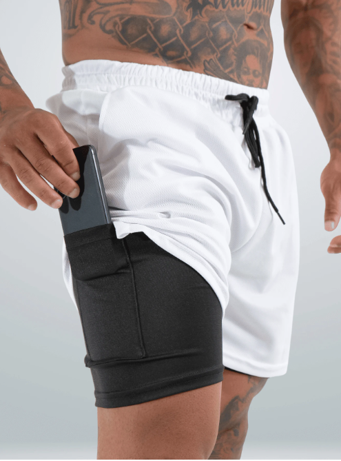 Shorts de Compressão 2 em 1 Dry Fit Masculino com bolso para celular porta toalha e Cordão de Ajuste Azul