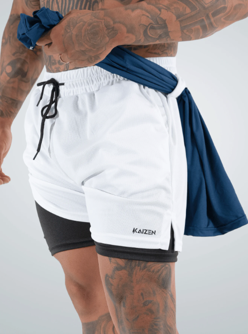 Shorts de Compressão 2 em 1 Dry Fit Masculino com bolso para celular porta toalha e Cordão de Ajuste Azul
