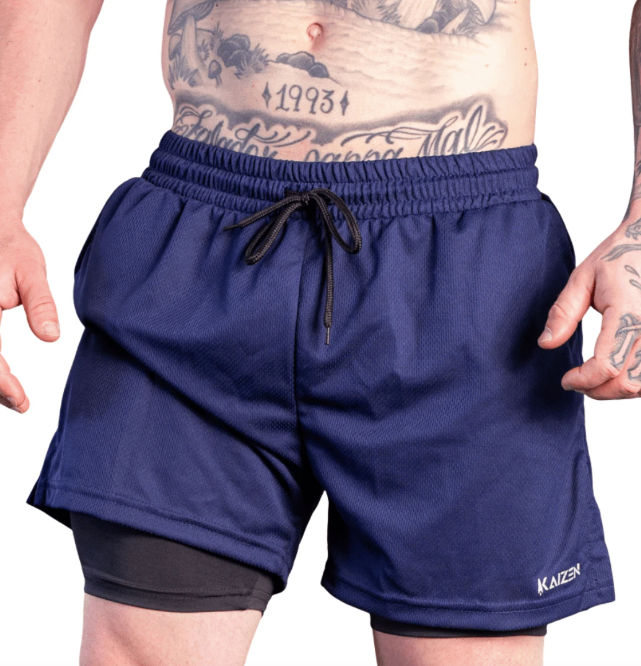 Shorts de Compressão 2 em 1 Dry Fit Masculino com bolso para celular porta toalha e Cordão de Ajuste Azul