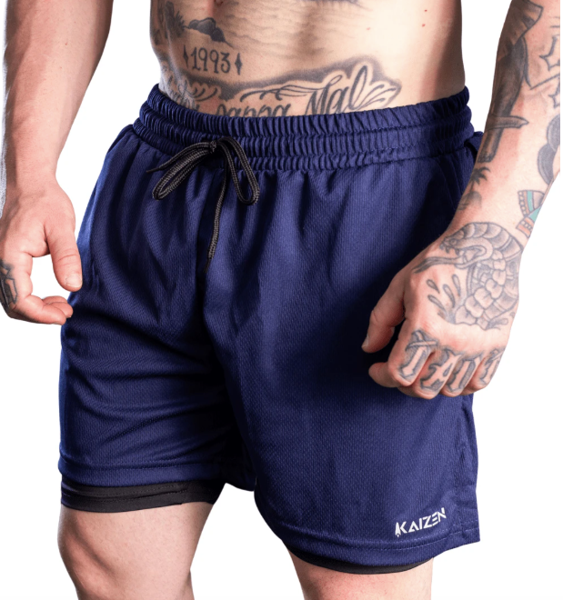 Shorts de Compressão 2 em 1 Dry Fit Masculino com bolso para celular porta toalha e Cordão de Ajuste Azul