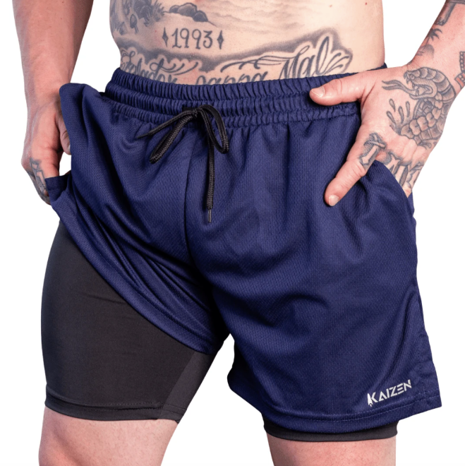 Shorts de Compressão 2 em 1 Dry Fit Masculino com bolso para celular porta toalha e Cordão de Ajuste Azul