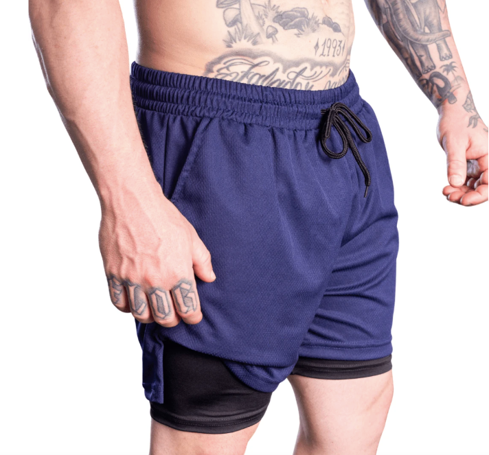Shorts de Compressão 2 em 1 Dry Fit Masculino com bolso para celular porta toalha e Cordão de Ajuste Azul