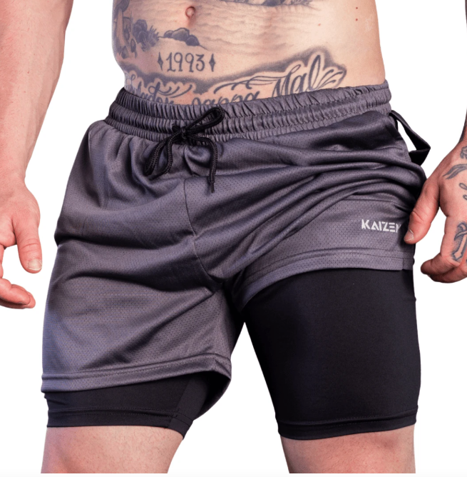 Shorts de Compressão 2 em 1 Dry Fit Masculino com bolso para celular porta toalha e Cordão de Ajuste Azul