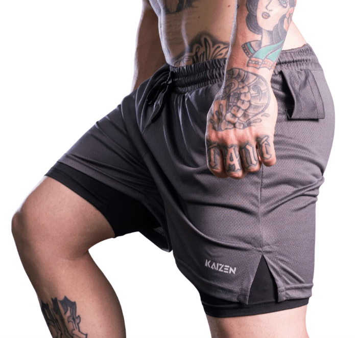Shorts de Compressão 2 em 1 Dry Fit Masculino com bolso para celular porta toalha e Cordão de Ajuste Azul