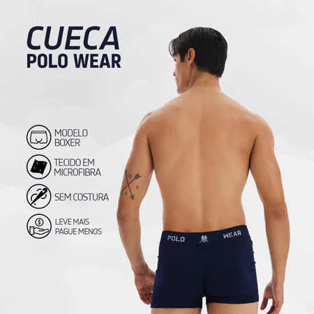 Kit com 3 Cuecas Boxer Polo Wear Masculina Original Microfibra Sem Costura Conforto Premium Branca